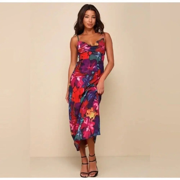 Lulus Meant to Amaze Watercolor Floral Cowl Neck Maxi Slip Dress Size Medium NWT - Picture 1 of 10
